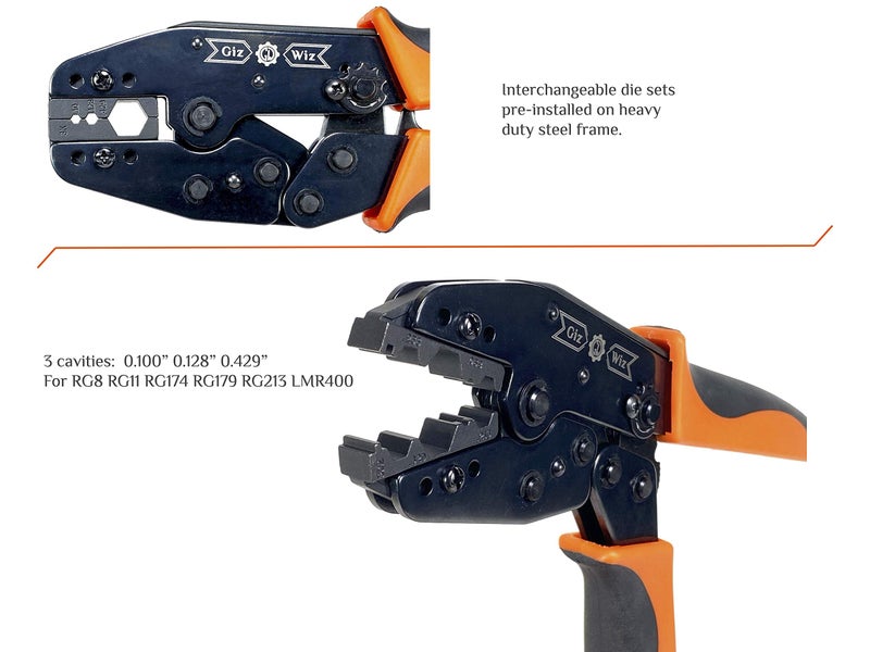 GIZWIZ أداة ضغط كواتش GIZWIZ RF لأسلاك RG8 RG11 RG174 RG179 RG213 LMR400 .100" .128" .429" G-H3K - Image 2